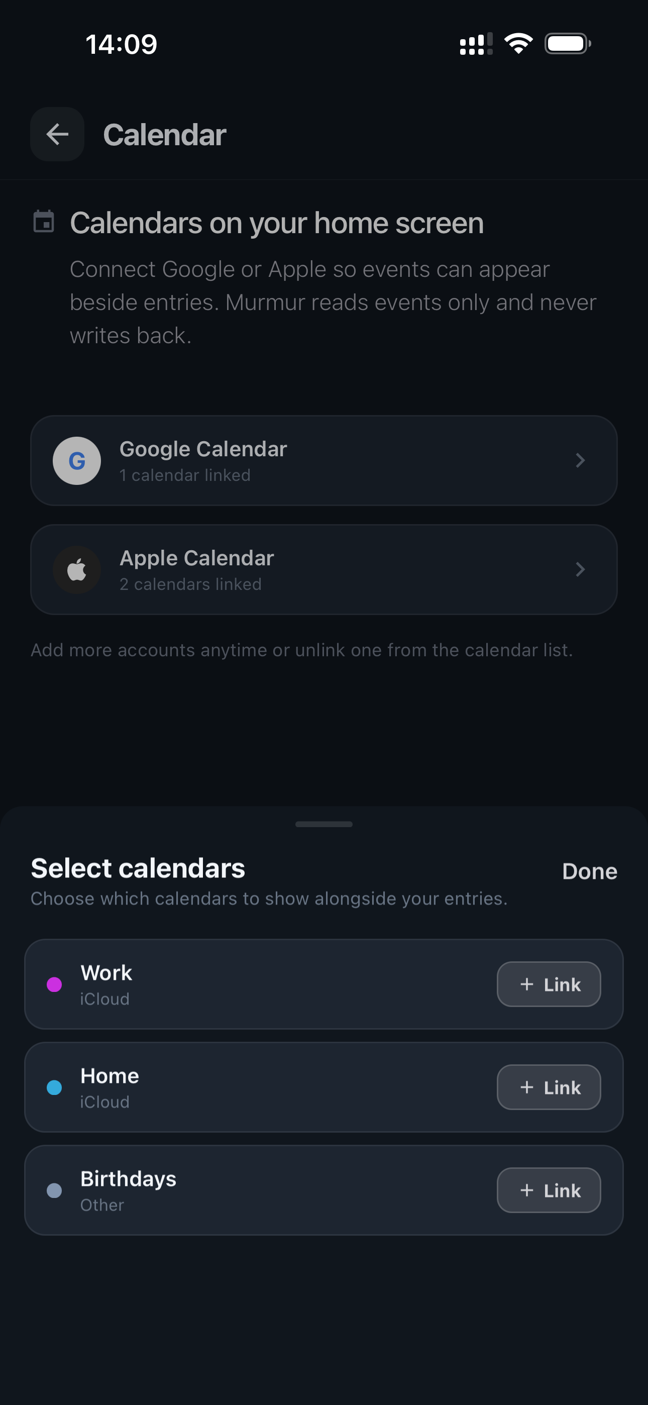 Murmur calendar integration settings screen