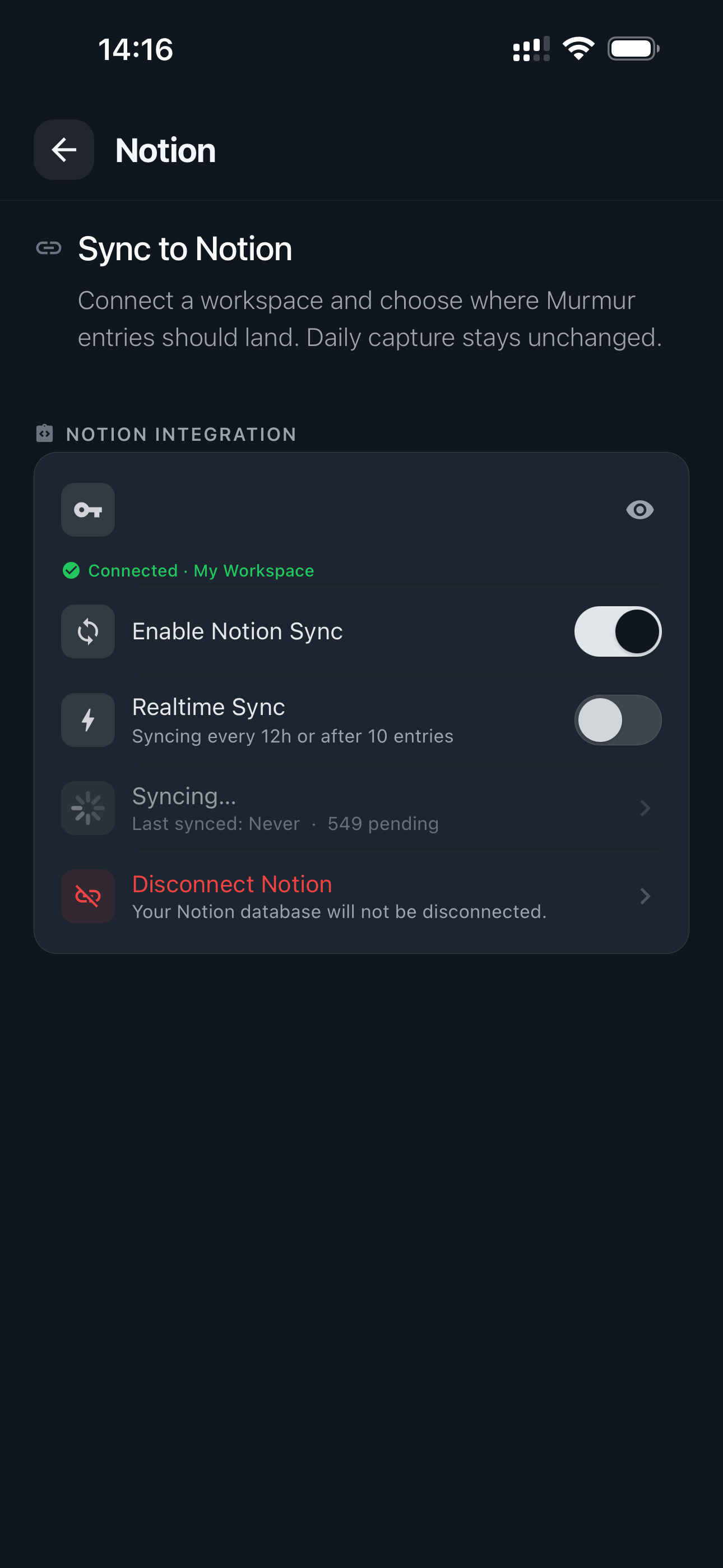 Murmur Notion integration settings screen