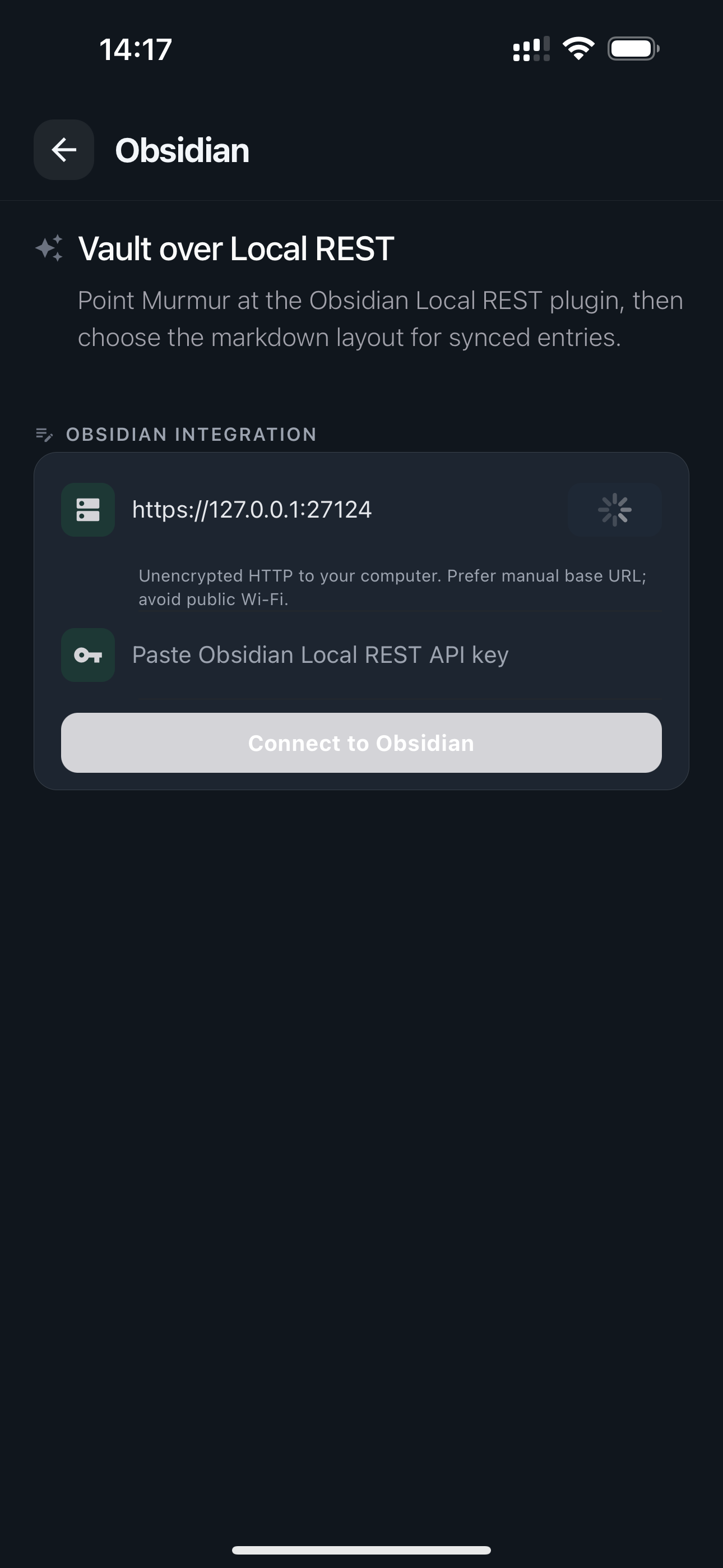 Murmur Obsidian integration settings screen