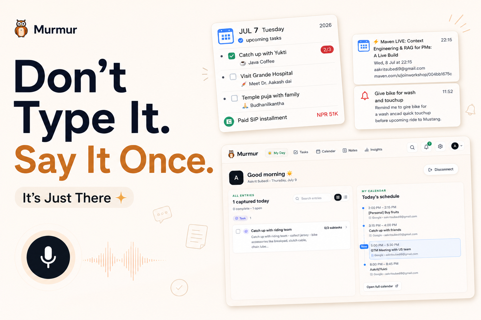 Murmur voice capture and organized daily views shown across mobile and web
