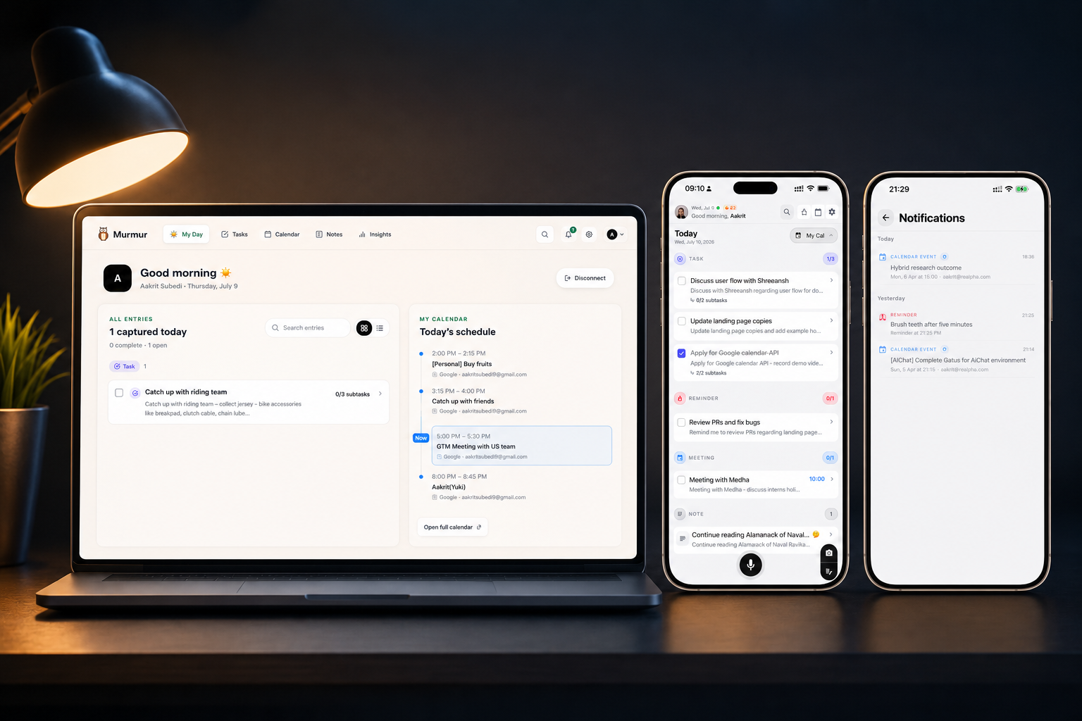 Murmur web and mobile screens arranged as a founder's morning-to-evening workflow