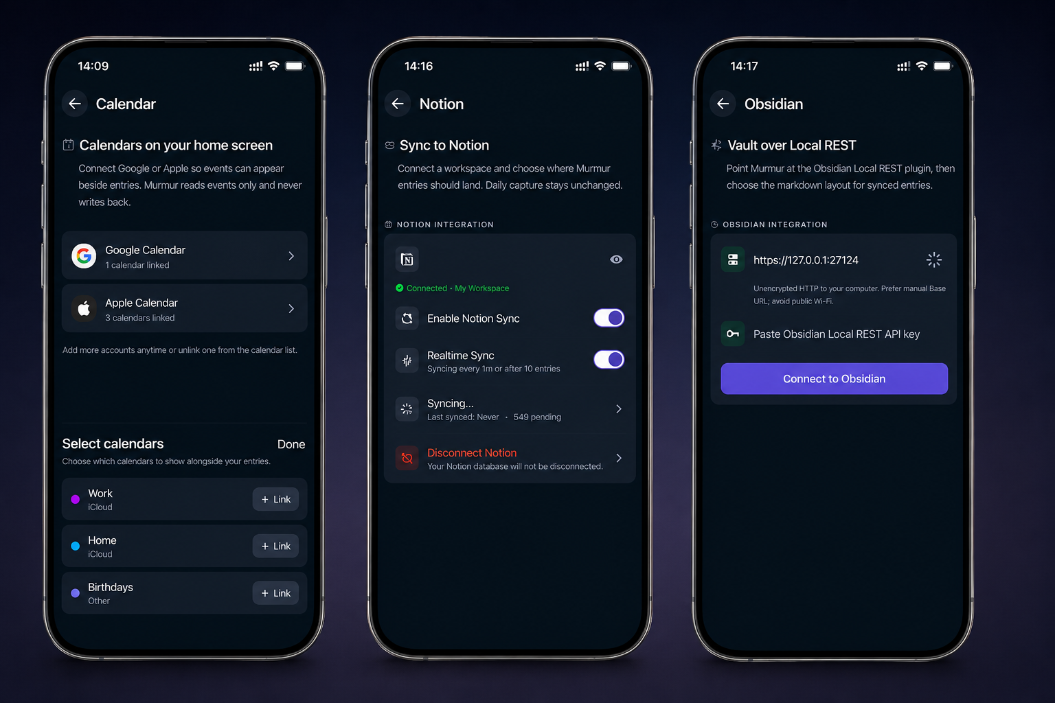 Murmur Calendar, Notion, and Obsidian integration screens shown side by side