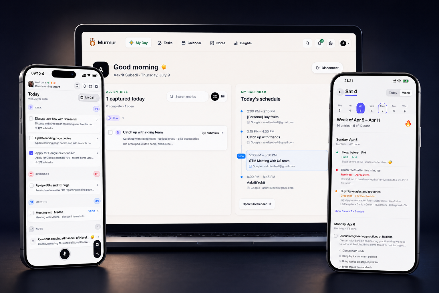 Murmur mobile dashboard, web My Day view, and weekly review shown together