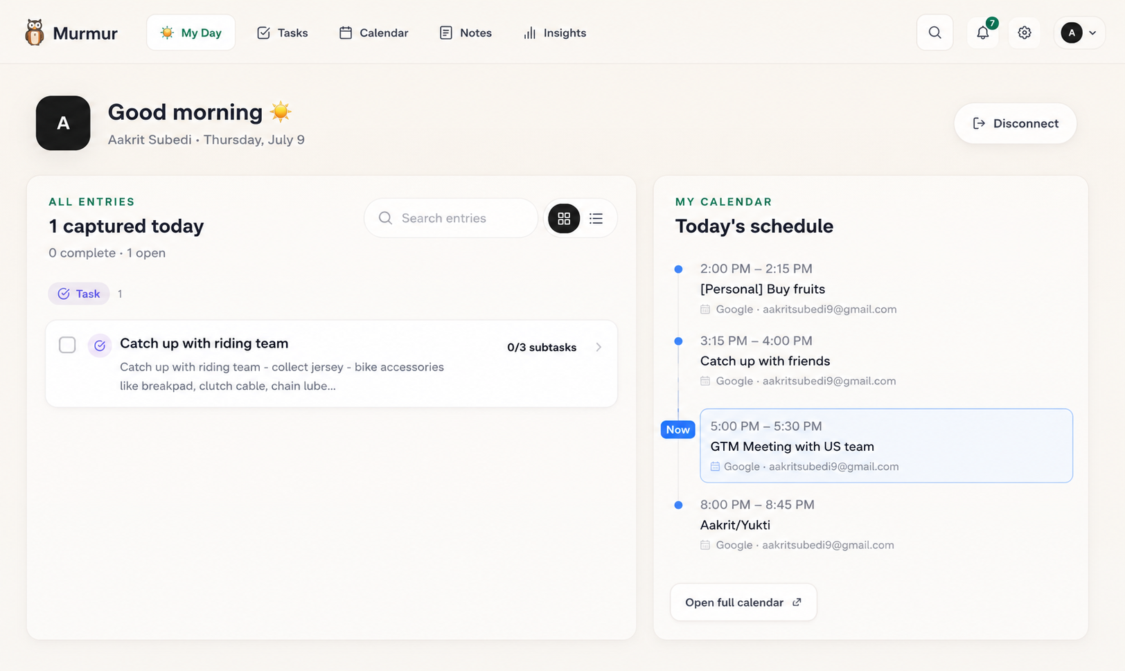 Morning planning in Murmur My Day with tasks and calendar events